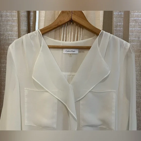 Calvin Klein Sz S Ivory Blouse Layered Sheer Rolled up Sleeve Top Career work - Picture 6 of 11